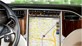 The Tesla Motors Model S infotainment system, featuring a 17-inch touch-screen center console powered by Tegra.