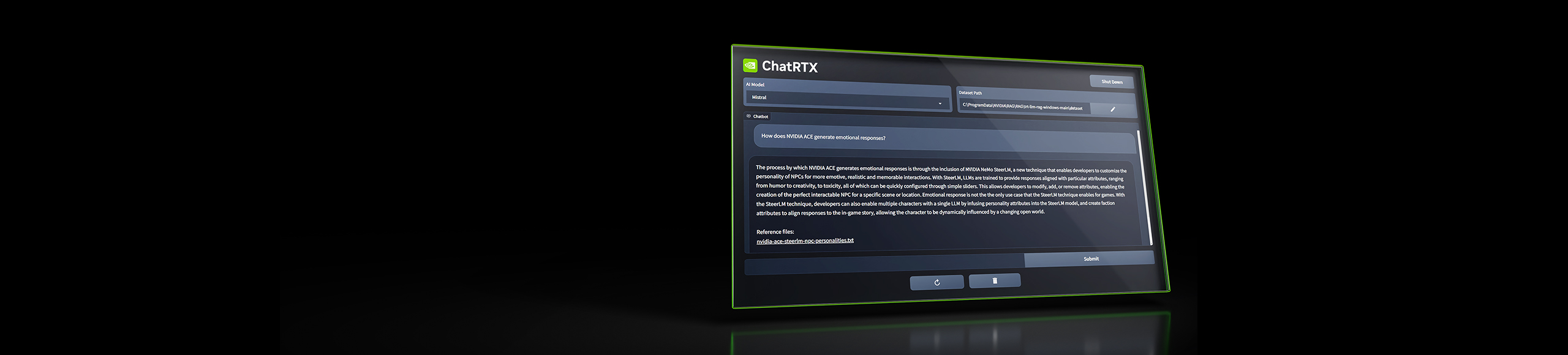 Chat With RTX is a demo app that lets you personalize a GPT large language model (LLM) connected to your own content—docs, notes, videos, or other d