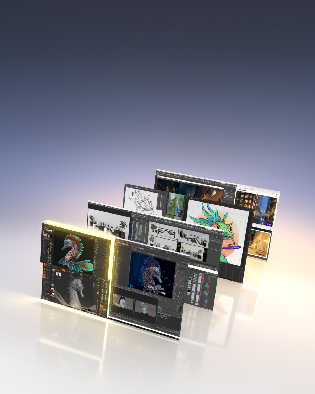 Computer screen displaying multiple images, showcasing the power of RTX 2000