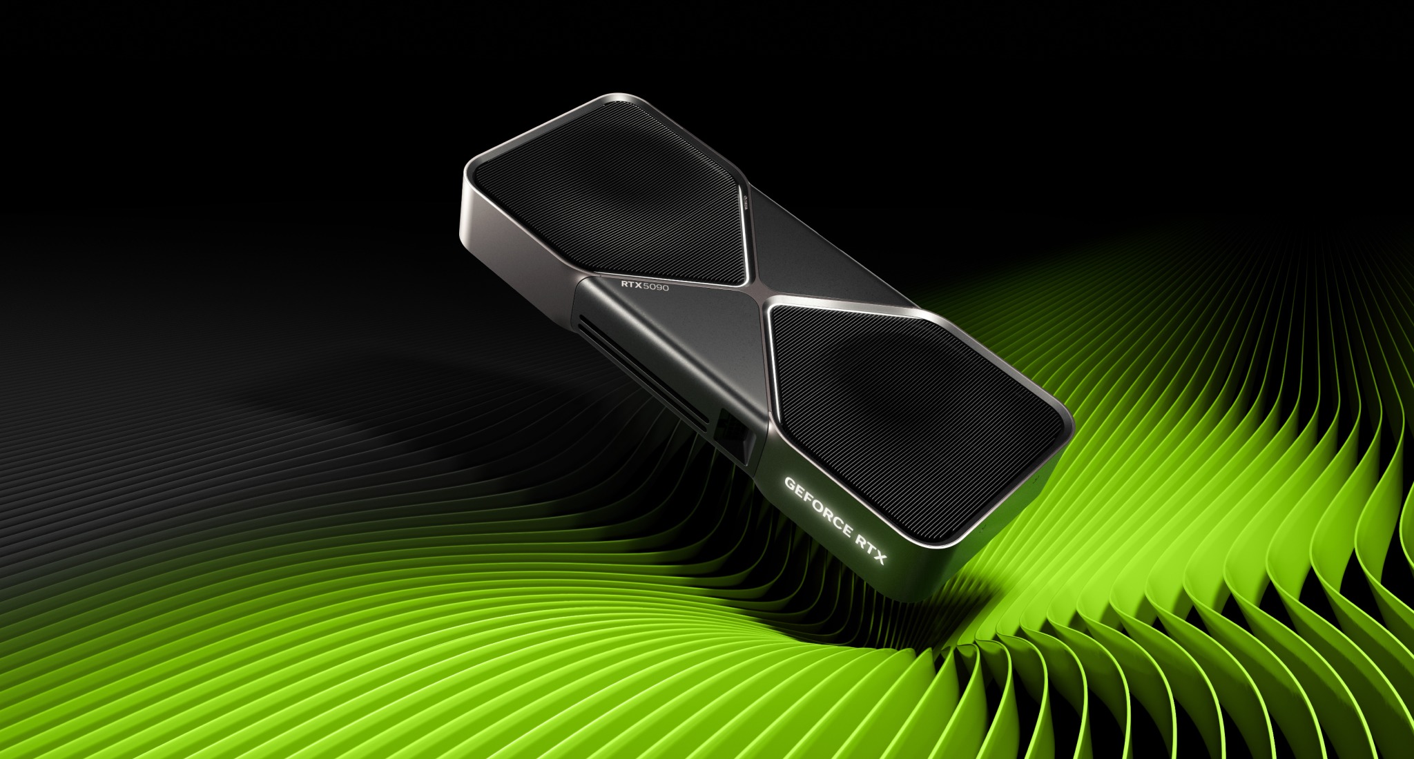 A GeForce RTX 5090 Founders Edition graphics card tilted above a green wave-patterned surface against a black background