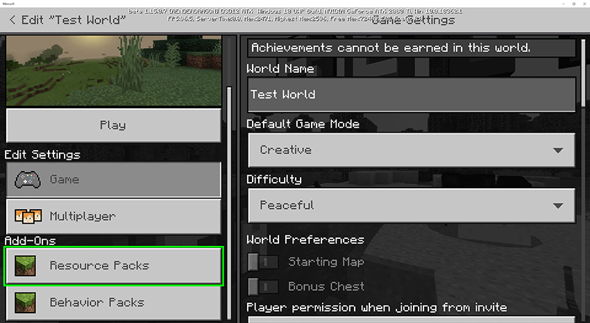 Click the Resource Packs button to assign a new pack to your world Click the Resource Packs button to assign a new pack to your world