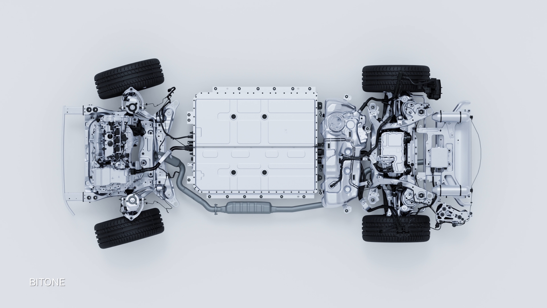 Overhead view of a vehicle's chassis, showing the detailed structure of the electric drivetrain, battery pack, and suspension system.