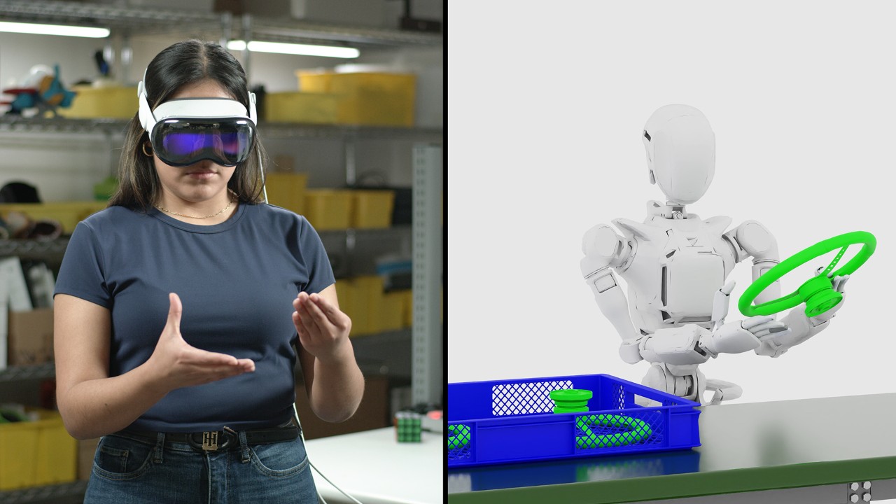 Side by side images of person wearing Apple Vision Pro headset on the left and simulated robot doing the same movements on the right