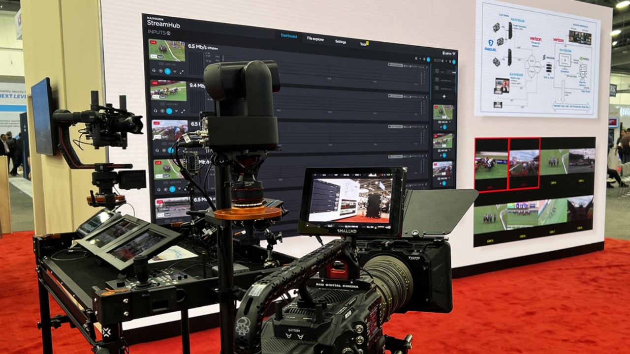 Configuração de câmeras para transmissão com monitores e uma exibição de feeds de vídeo ao vivo.