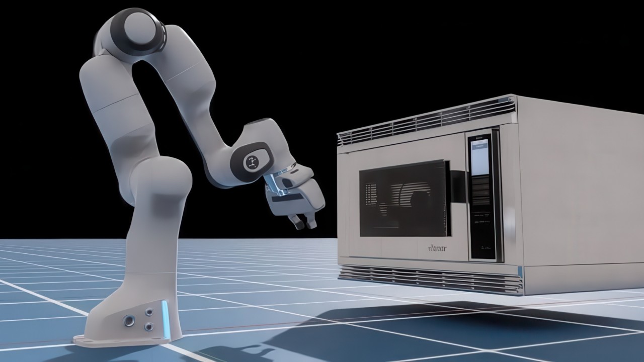 Robot Arm and microwave in a simulated environment