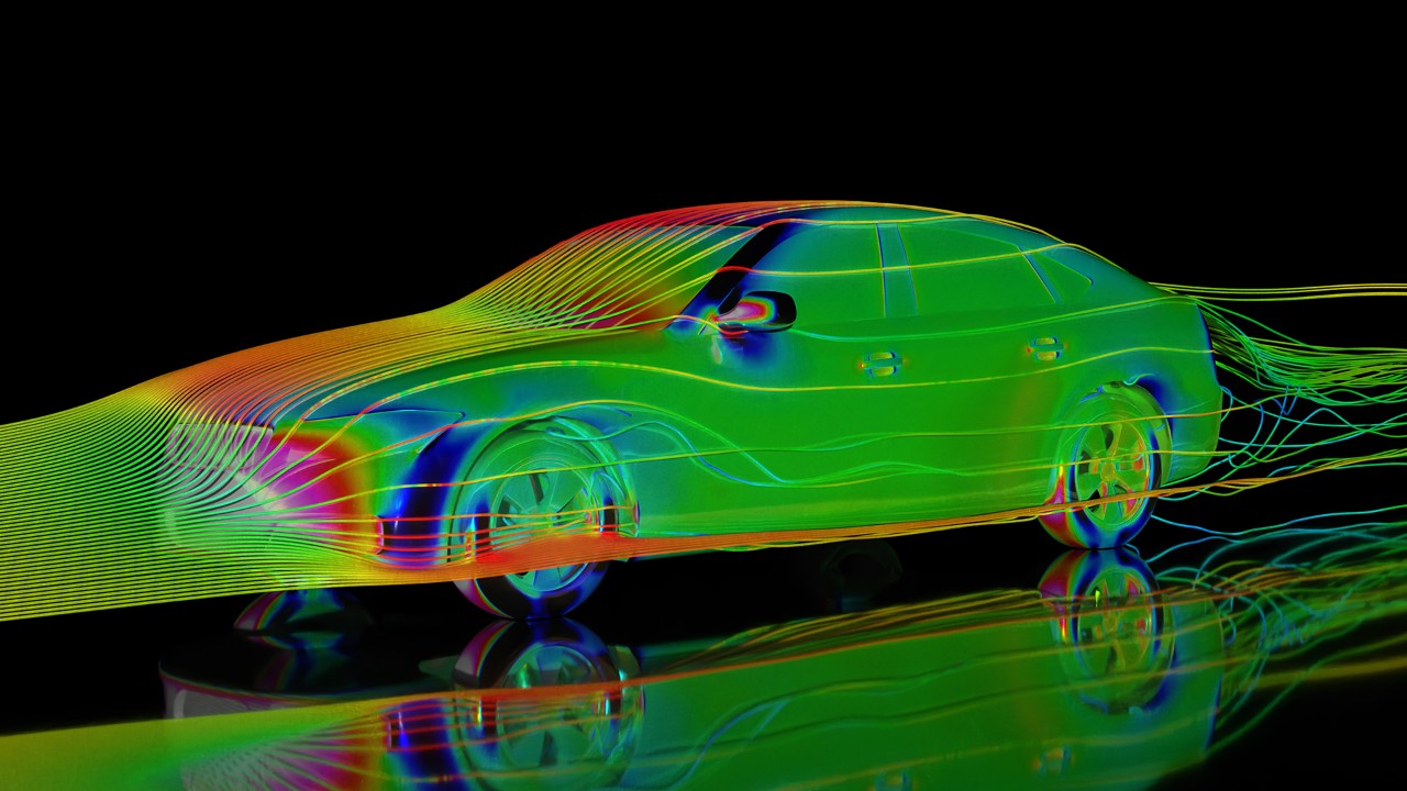 Eine Simulation der Strömungsdynamik (CFD) an einem Automobil