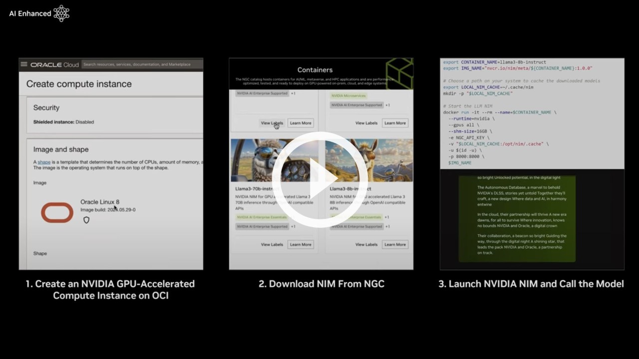 Captura de pantalla del vídeo de la implementación instantánea de IA generativa con NVIDIA NIM en OCI