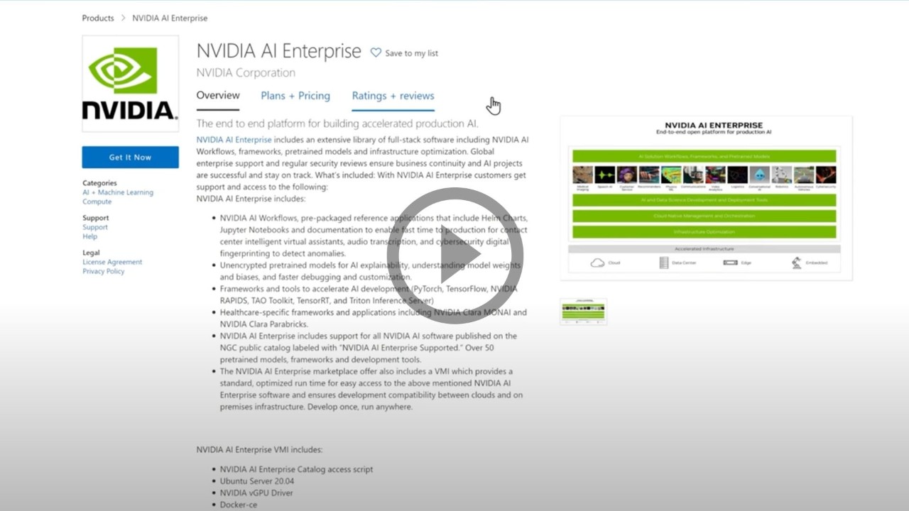 Una imagen de la interfaz de usuario de NVIDIA AI Enterprise en Microsoft Azure Marketplace