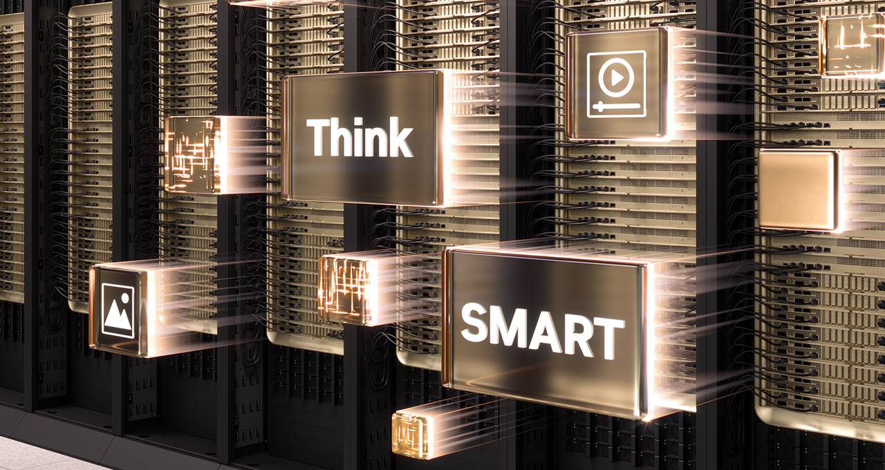 Data center illustration showing multi-modal AI tokens for image, audio, visual and more as part of the NVIDIA “Think SMART” framework.