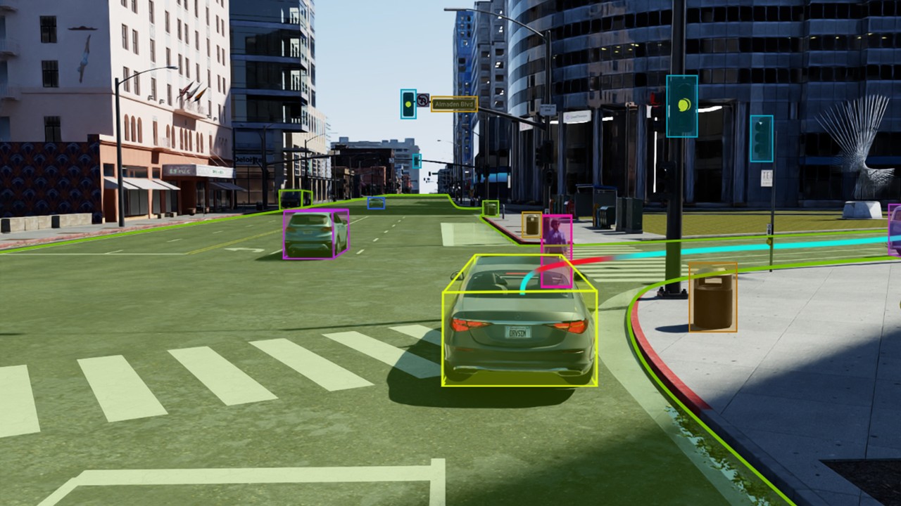 An image shows a green car on a city street with overlaid yellow bounding boxes and colored lines, illustrating autonomous vehicle sensor simulation.