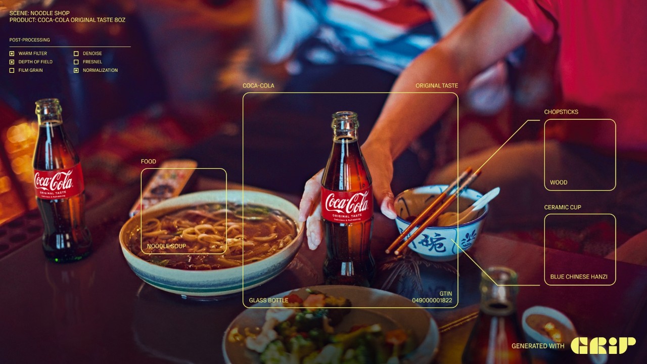 Visuel représentant une bouteille de Coca-Cola, mise en valeur dans un magasin de nouilles et étiquetée avec l'IA via la plateforme Grip.
