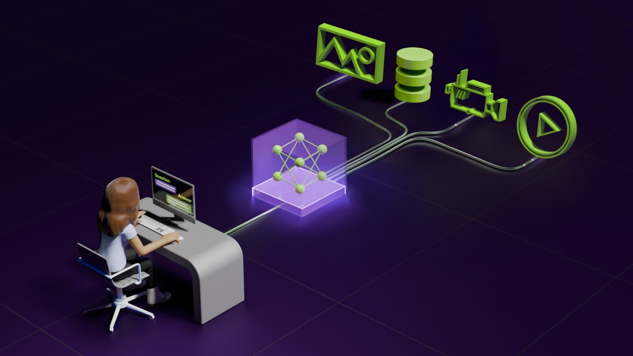  Image depicting of a user using video search and summarization software to pull insights from a video or various videos. 