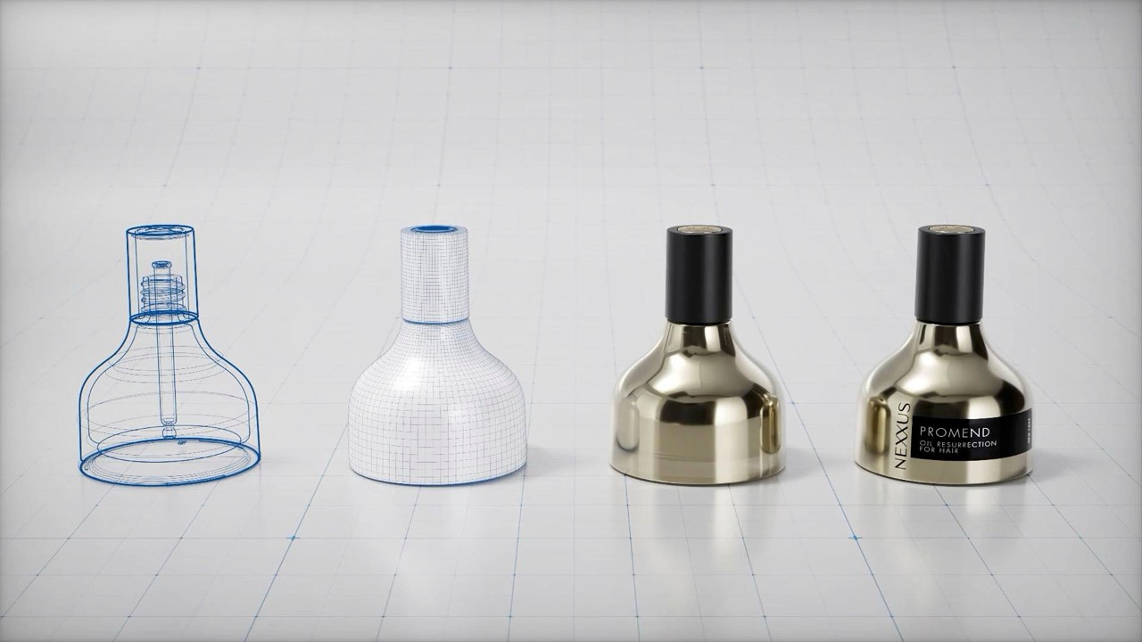 Digital-to-physical transformation of a Nexxus Promend bottle from 3D model to final product