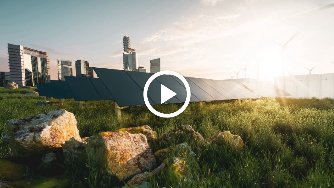 AI and accelerated computing for energy efficiency video clip featuring renewable solar and wind turbine farms