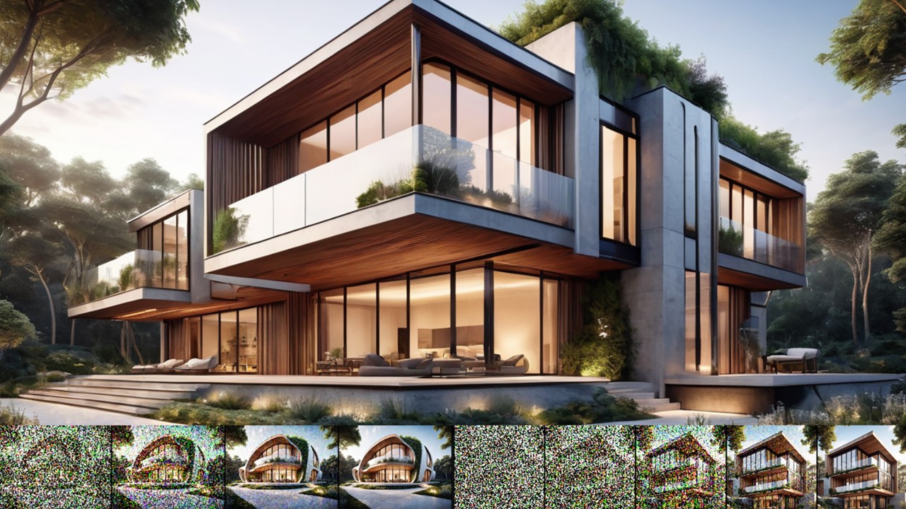 An AI generated modern house with lots of windows in the woods. 