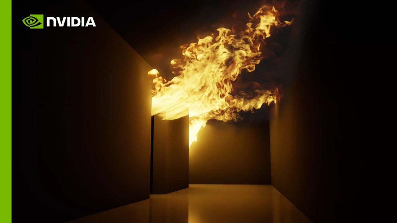 A striking image of a raging fire in an empty modern looking hallway. 