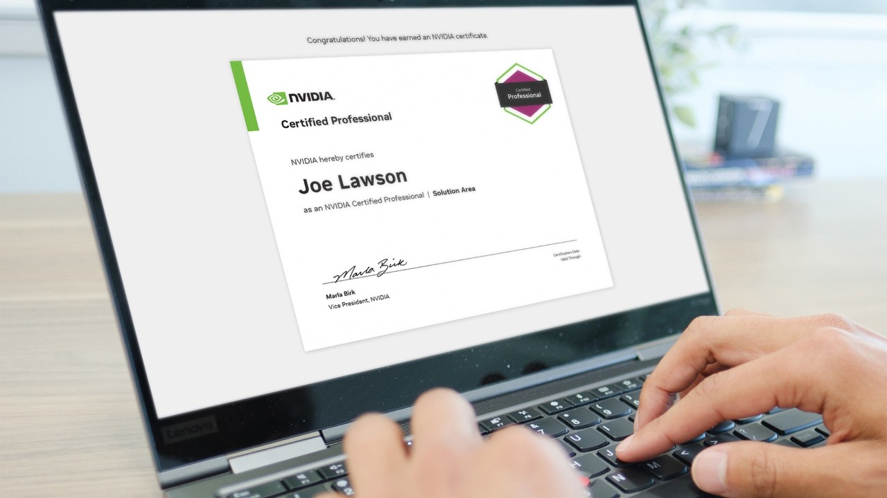 A developer is viewing his NVIDIA certification on the laptop