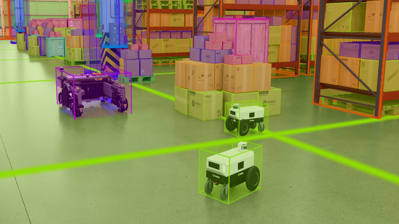 An image depicts two white autonomous mobile robots in a warehouse with green overlay and yellow lines, showcasing a robotics simulation.