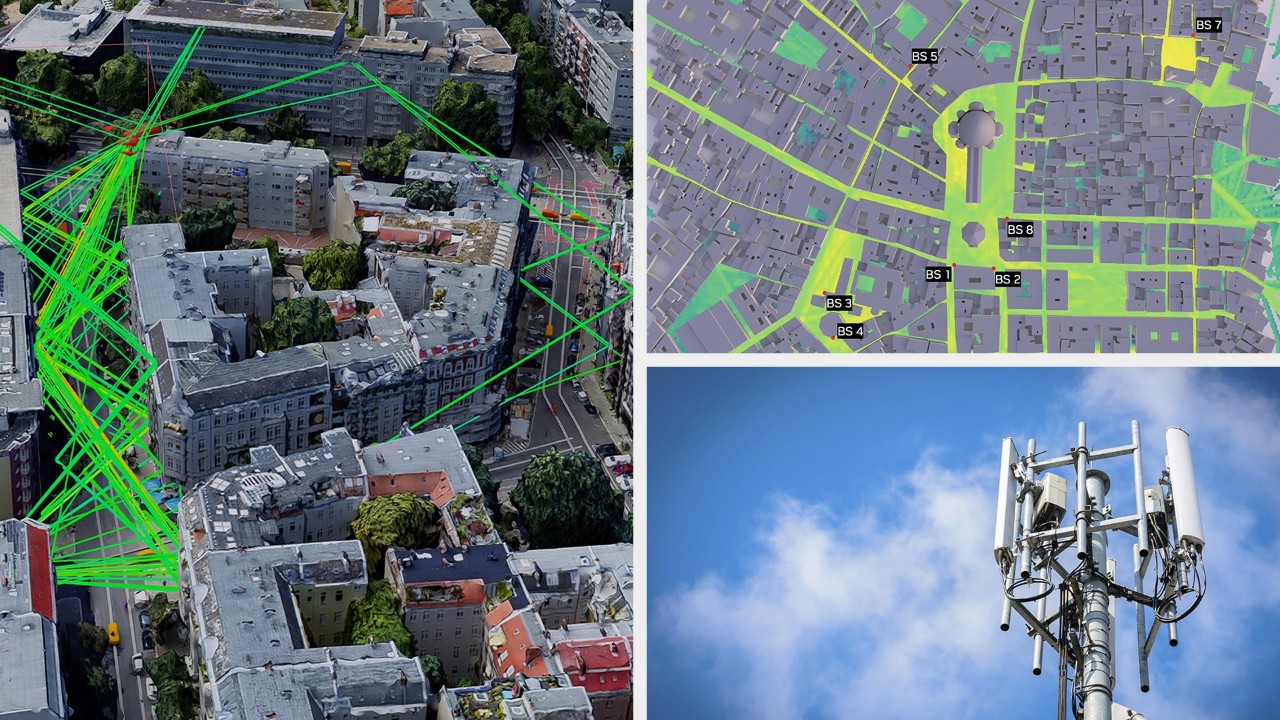 Collage che mostra la simulazione dell'elaborazione del segnale, la pianificazione di rete e una stazione base fisica delle telecomunicazioni.rocessing simulation, network planning, and a physical telco base station.