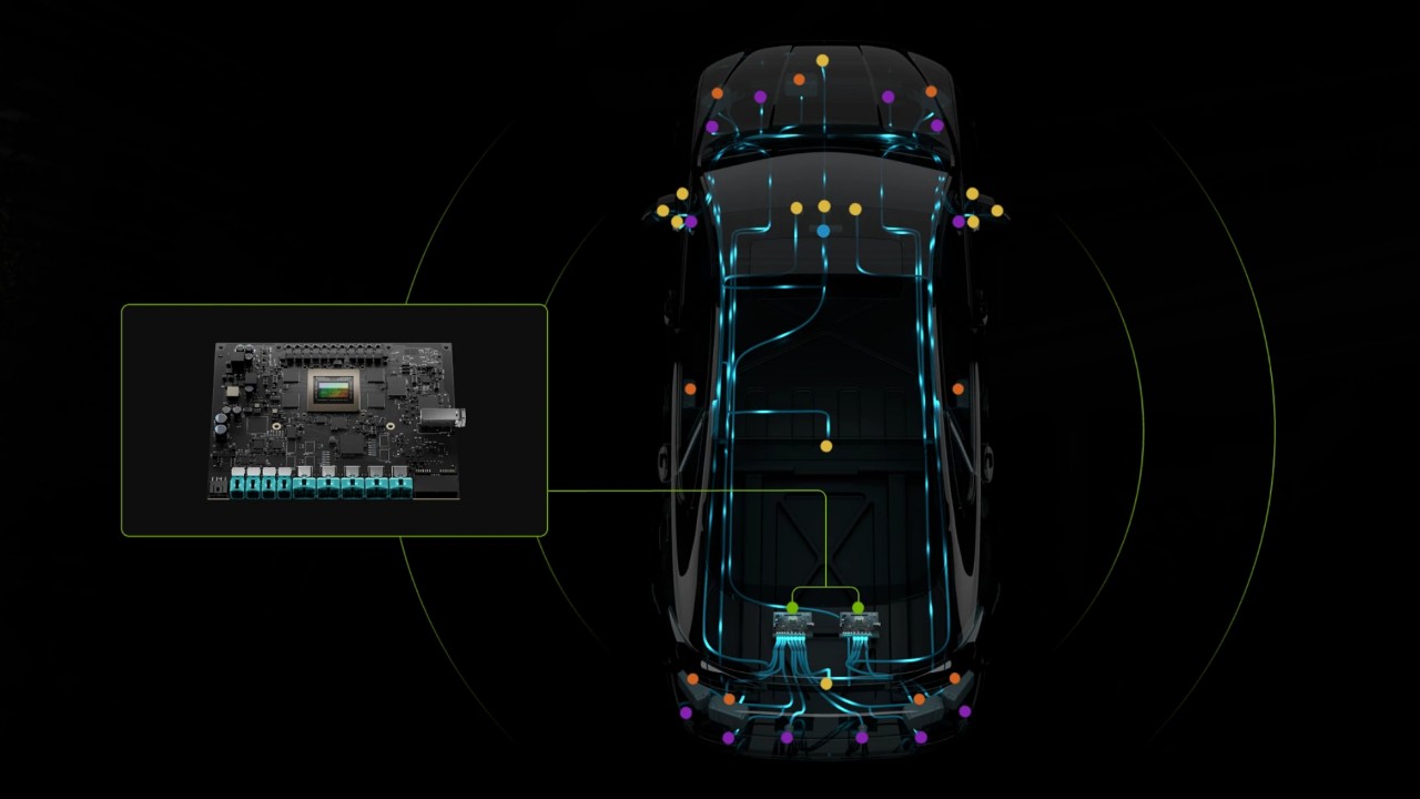 NVIDIA DRIVE AGX를 시각적으로 보여주는 이미지로, NVIDIA DRIVE AGX Thor 시스템 온 칩(SoC)을 강조합니다.