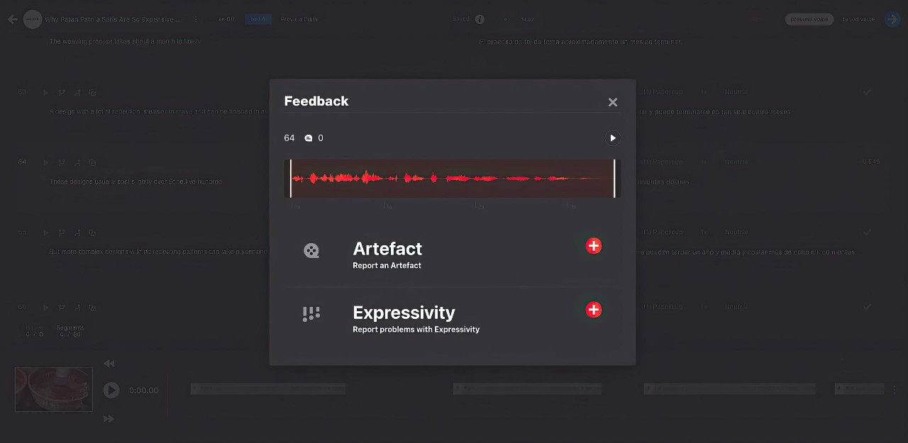 Snapshot of Papercup's AI dubbing platform during the QC process