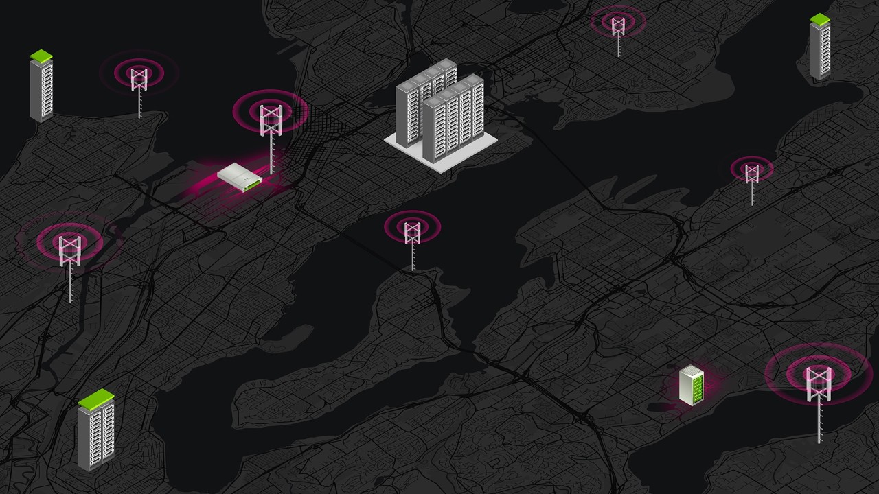 Red de ciudades con torres, edificios y funciones en contenedores.