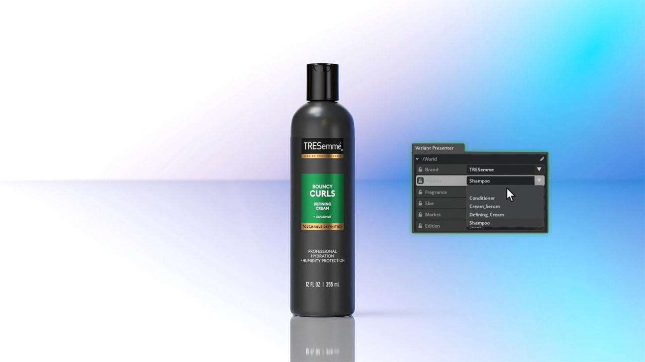 TRESemmé shampoo bottle displayed with a product selection UI overlay