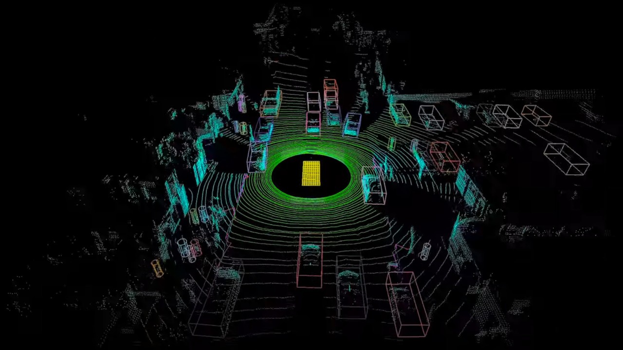 An circle emanating a green hue showing shadows of a city scape