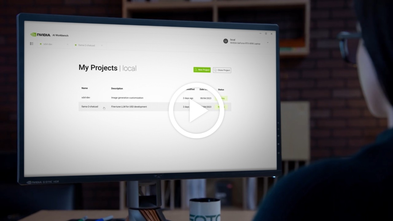 開發人員看著顯示 AI Workbench 中「我的專案」面板畫面。