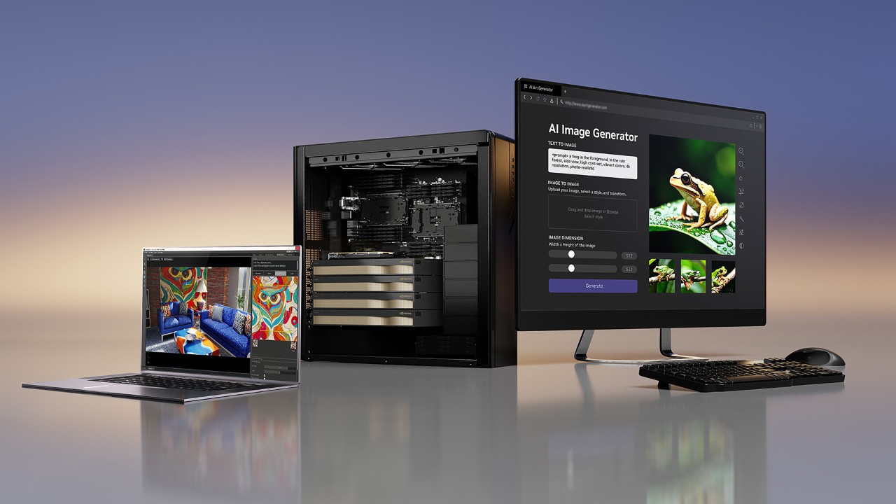 一台筆記型電腦與一台工作站，插有 NVIDIA RTX 顯示卡。