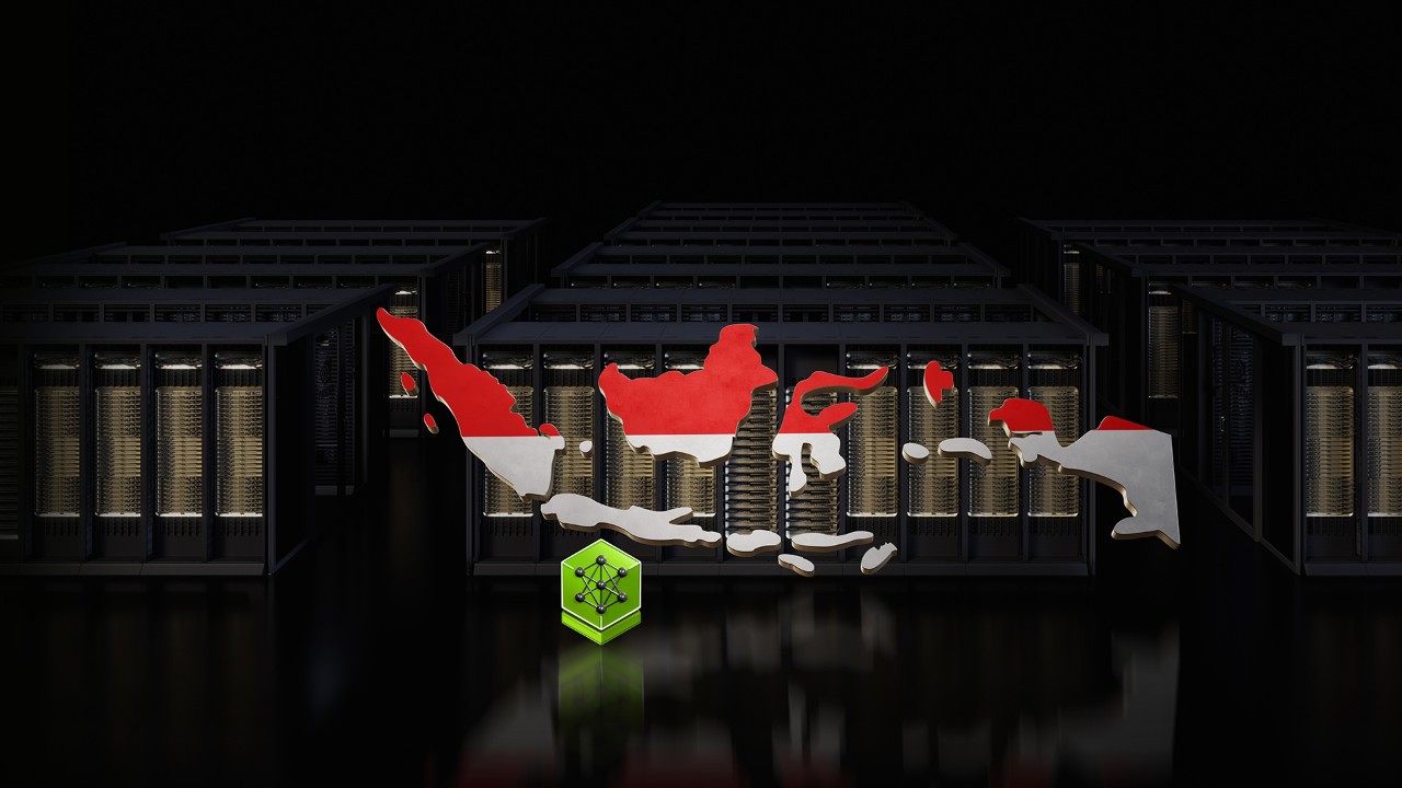 背景是資料中心示意圖，前景則是印尼的輪廓。