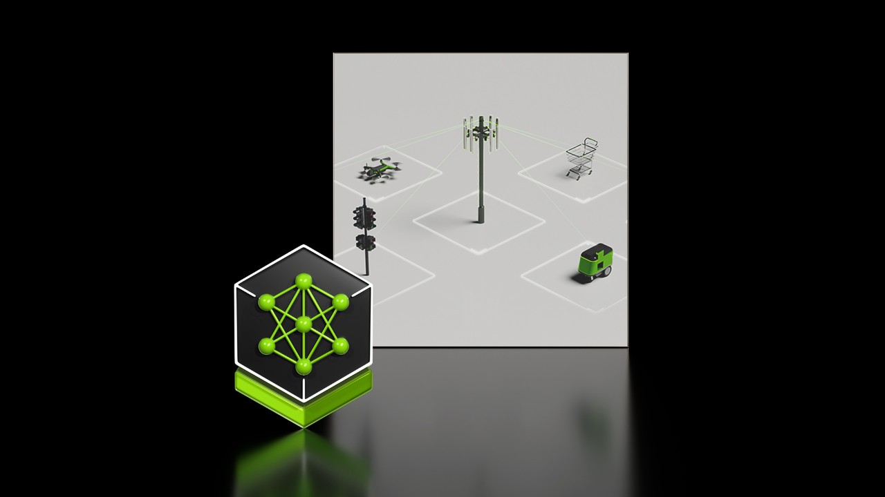 前景為 NVIDIA NIM 圖示，背景是電信業無線電塔，並展示相連結的使用案例。