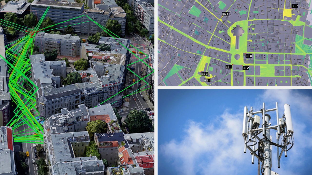 展示訊號處理模擬技術與電信基地台的拼貼圖片。