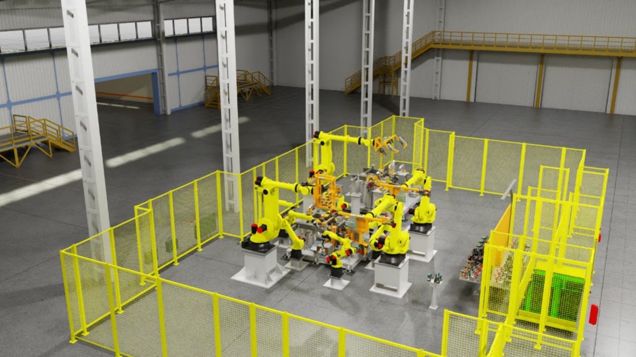 A wide-angle view of a manufacturing warehouse with multiple yellow robotic arms enclosed in a safety cage, performing an assembly task on a central platform.