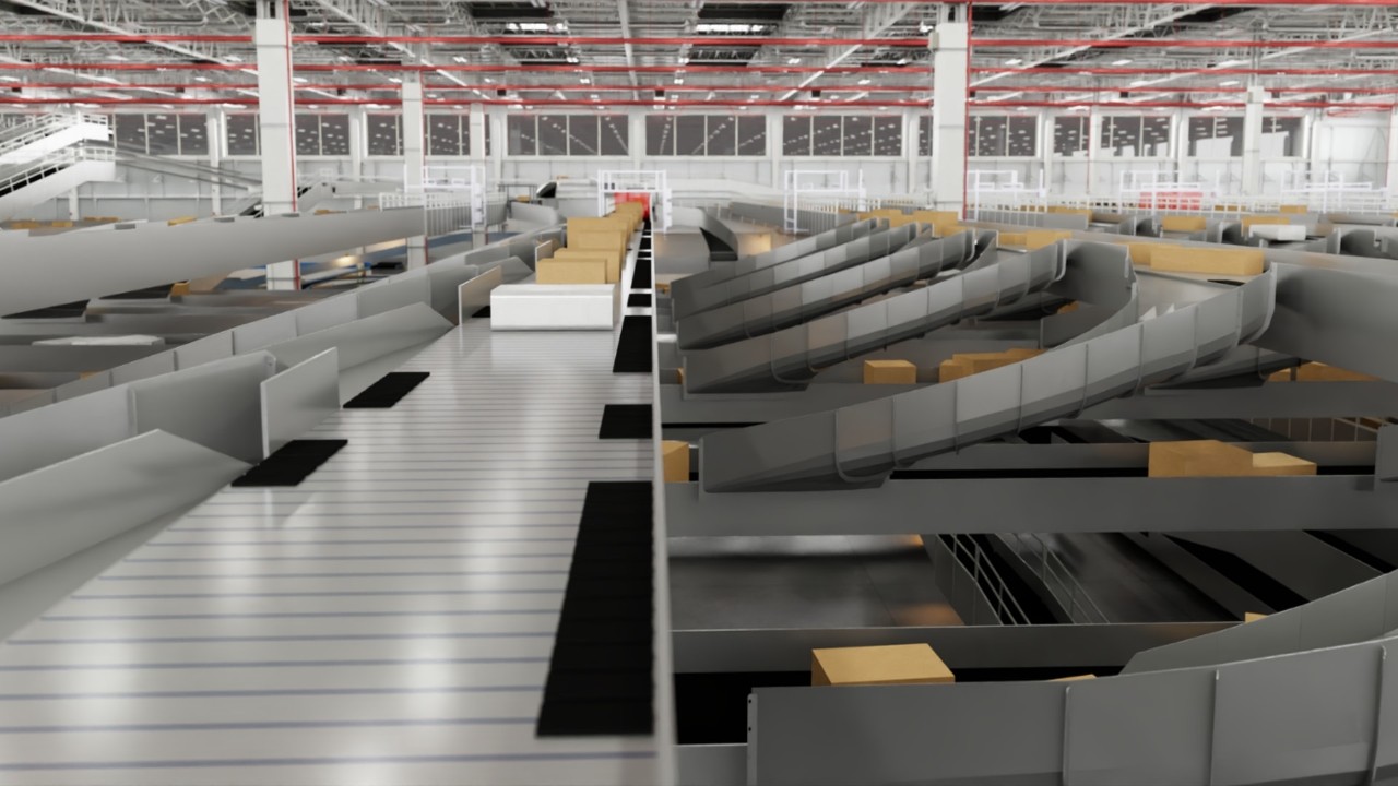  A vast, automated warehouse interior featuring multiple levels of complex conveyor belt systems sorting and transporting cardboard boxes.