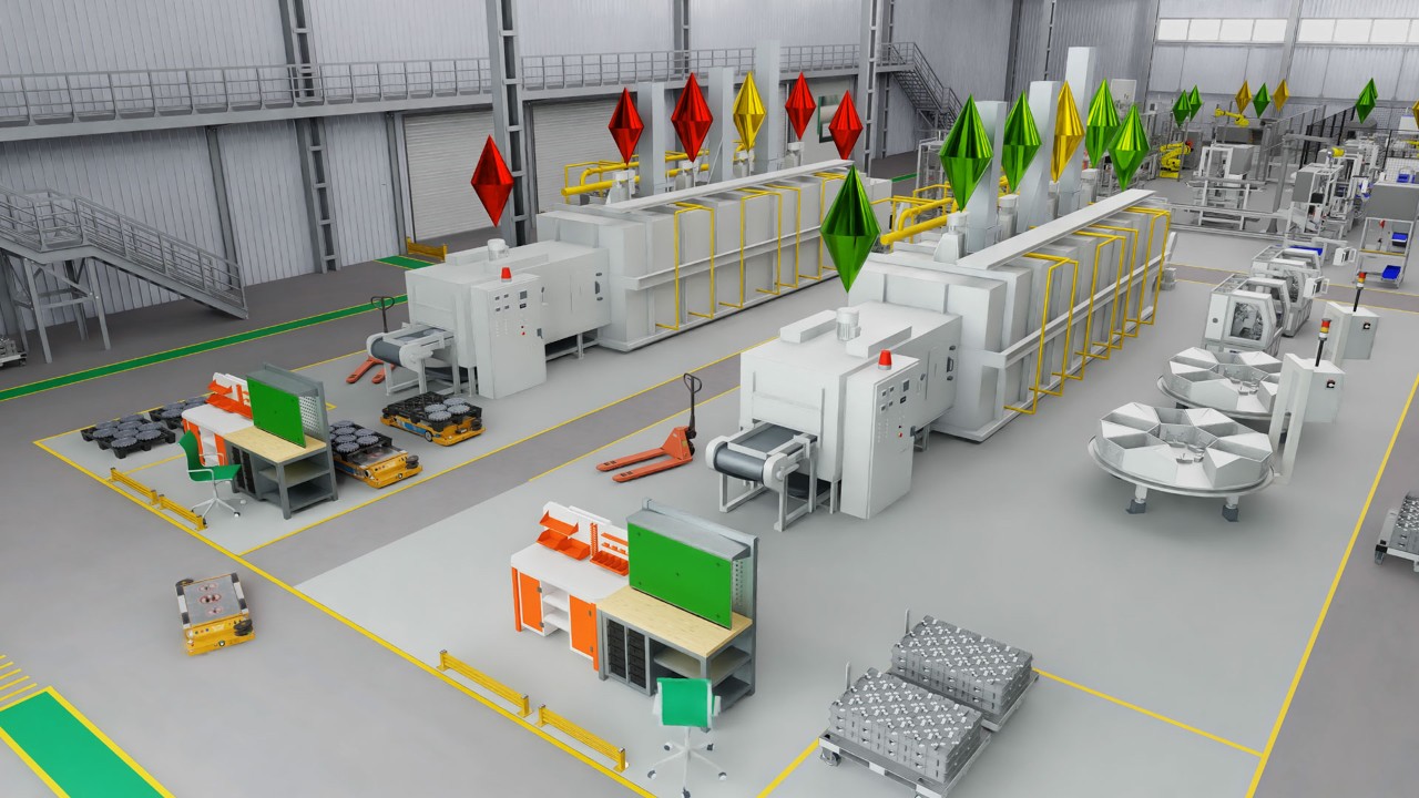 A highly automated inverter assembly line at a Schaeffler facility in Germany, featuring robotics, autonomous mobile robots (AMRs), and advanced simulation technology to optimize production processes.
