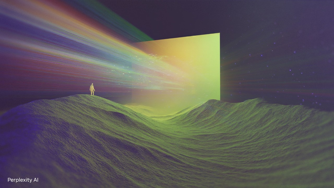 Abstract data illustration with rays of multi-colored light against mountainous terrain. 