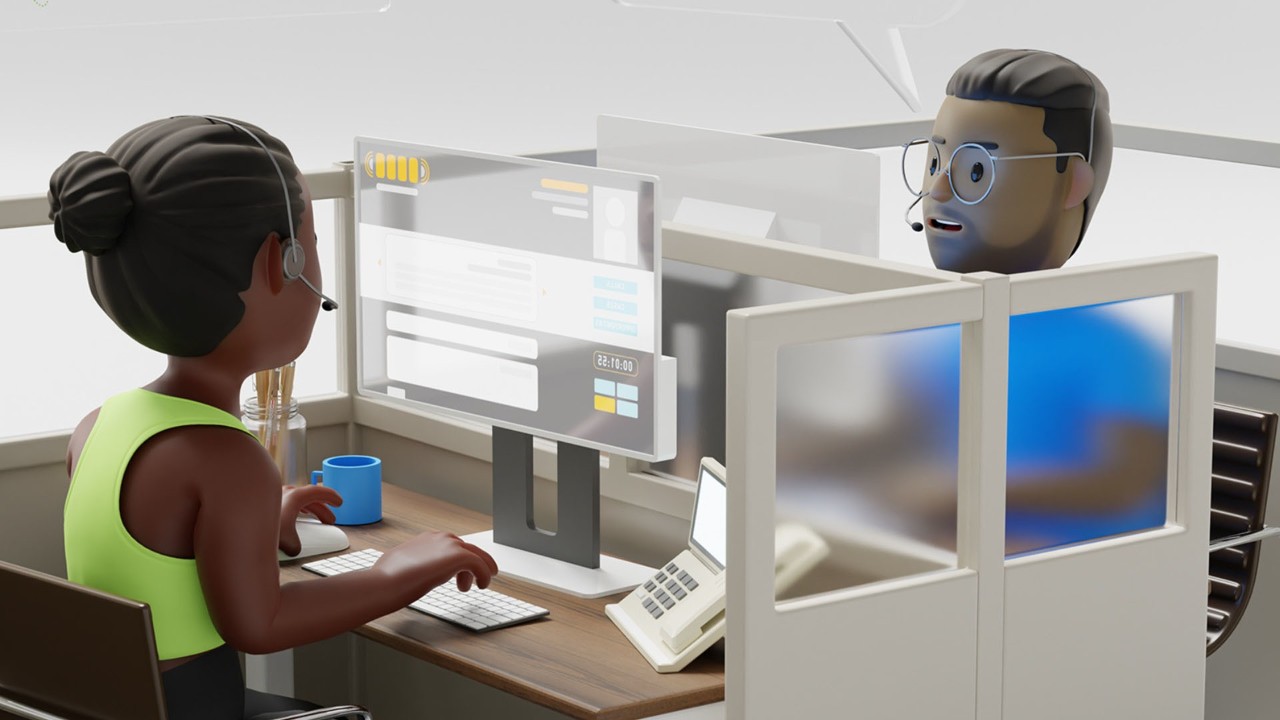 An animated image of two work colleagues in cubicles