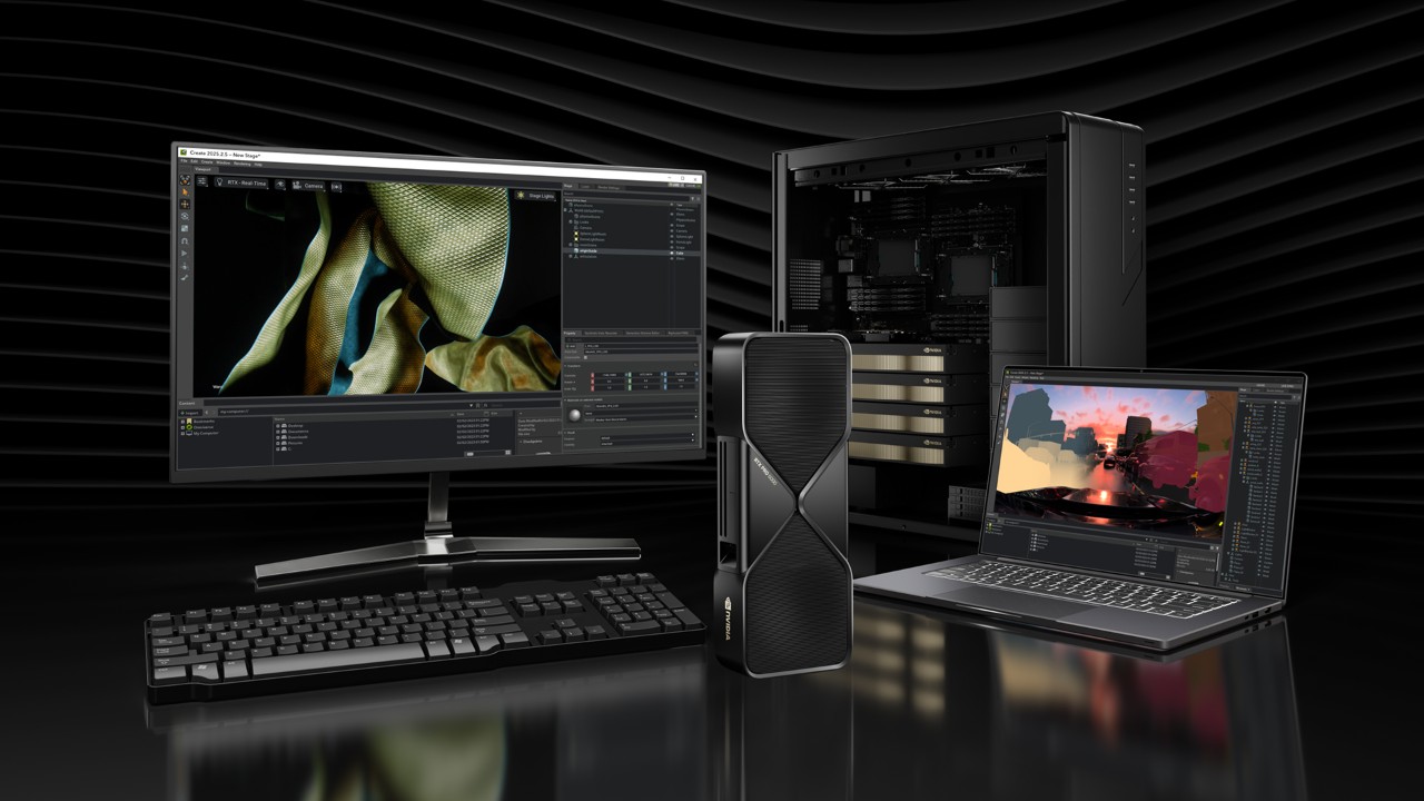 A laptop and a workstation PF with an NVIDIA RTX inserted in the desktop. 