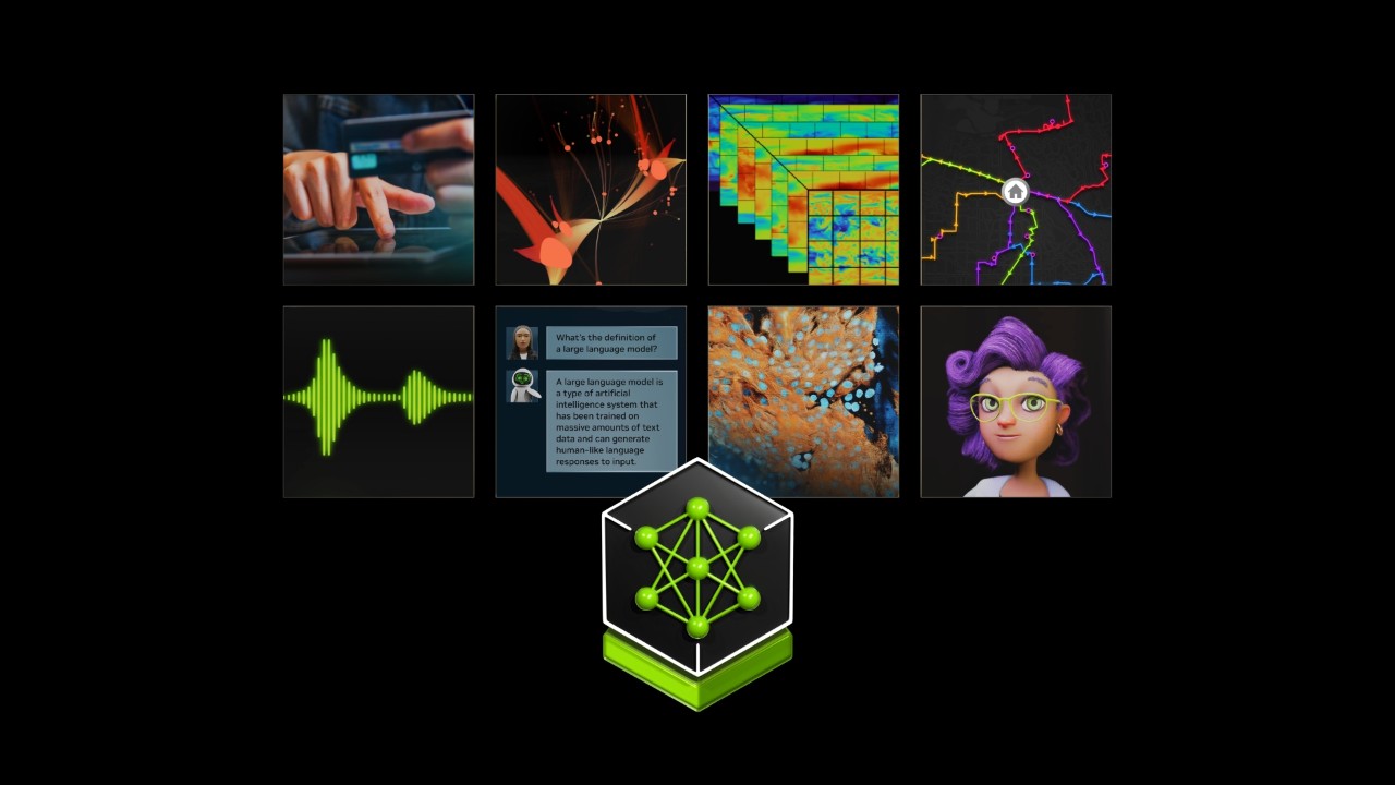 Tensor Core icon at front with eight AI workload images in squares behind on a blackbackground