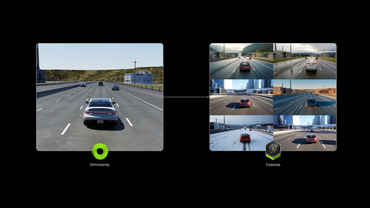 NVIDIA autonomous vehicle simulation and validation showing multiple generated driving scenarios