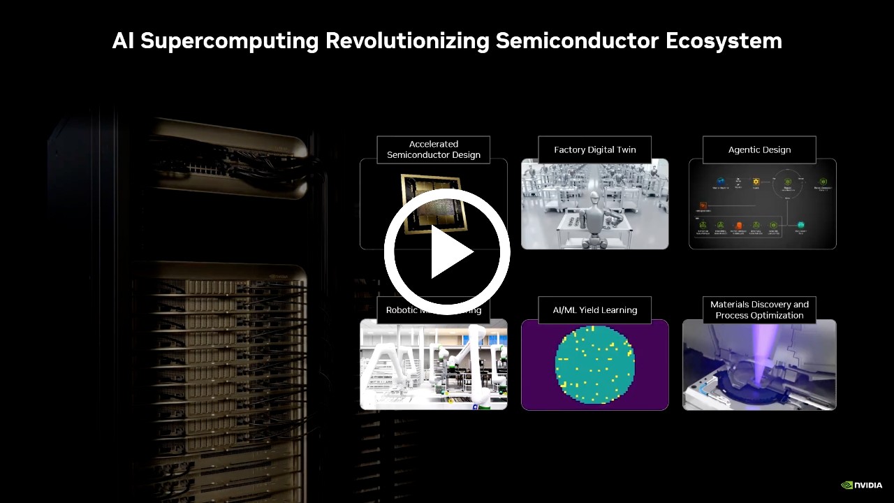  Server rack and six icons representing key semiconductor AI use cases