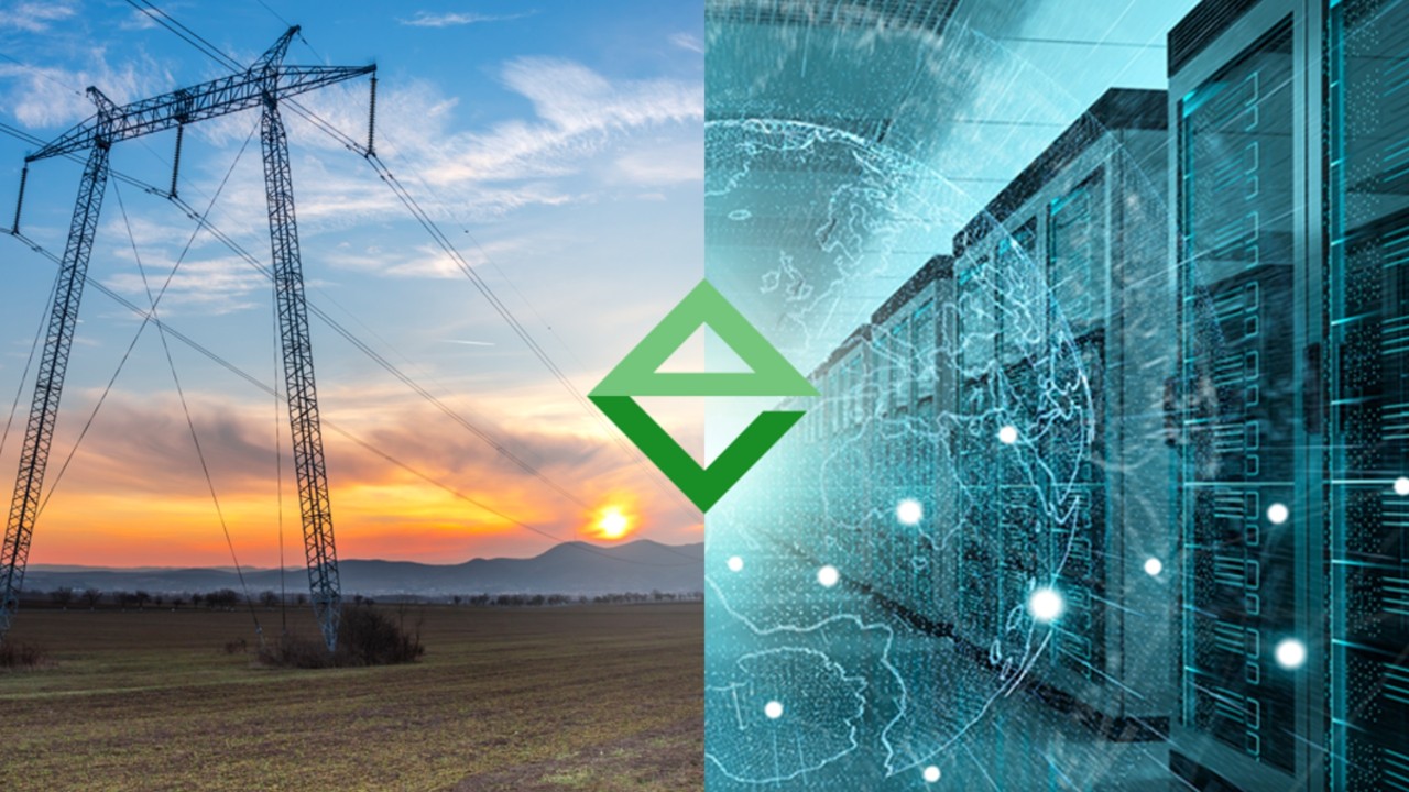 Image of a powerline merging with a digital data center visualization