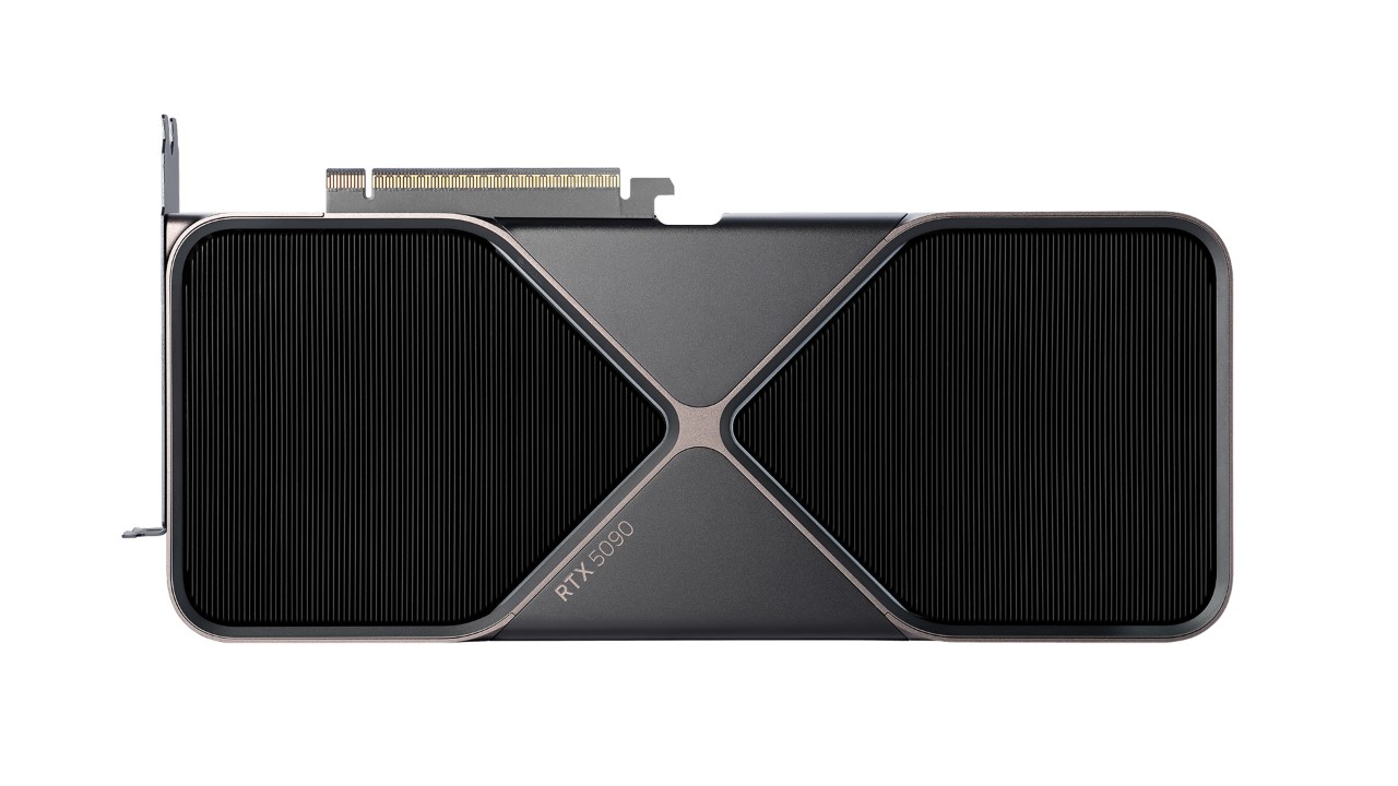 Placa de vídeo NVIDIA GeForce RTX 5090 Founders Edition, com acabamento metálico e sistema de refrigeração preto.