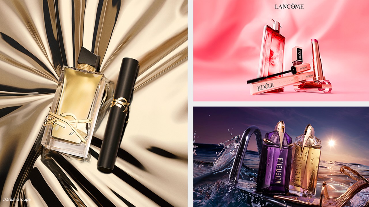 Luxury perfume and makeup displays with elegant background
